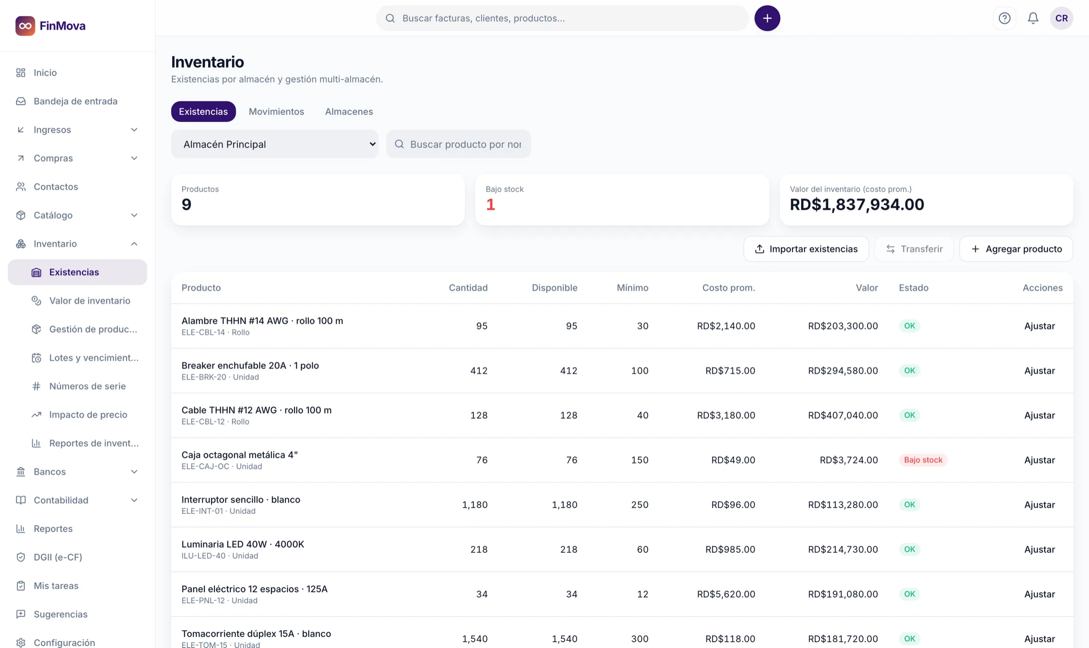 Pantalla de inventario de FinMova con existencias por almacén, número de productos, productos bajo stock y valor del inventario al costo promedio.